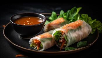 Fresh spring roll appetizer with vegetables and savory sauce generated by AI photo