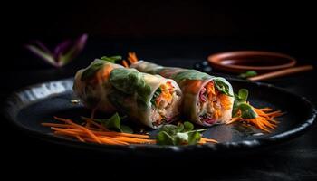 Fresh spring roll appetizer with vegetable, pork, and sauce dip generated by AI photo
