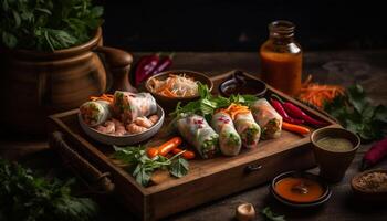 Fresh vegetable meal with meat on a rustic wooden table generated by AI photo