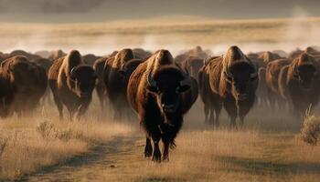 Herd grazing on yellow meadow at sunset in rural Africa generated by AI photo