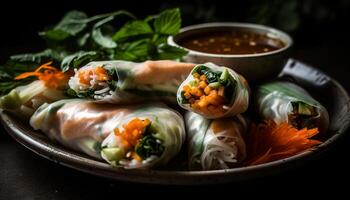 Fresh spring roll with vegetables and savory sauce, healthy snack generated by AI photo