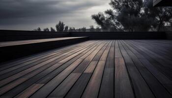 Dark hardwood plank flooring blends with nature abstract landscape backdrop generated by AI photo