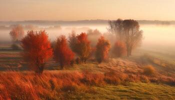 Autumn fog blankets tranquil rural scene, tree branch reaches heaven generated by AI photo