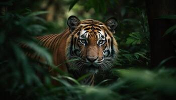 Bengal tiger staring, aggression in eyes, majestic beauty in nature generated by AI photo