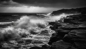 Dramatic waves crash on dark coastline, spray and foam splashing generated by AI photo