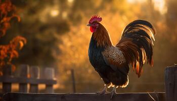 orgánico gallo en pie en césped, canto a amanecer elegancia generado por ai foto