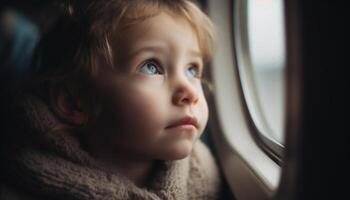 linda caucásico niñito sonriente, mirando mediante avión ventana con curiosidad generado por ai foto