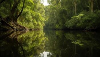 Tranquil scene of a forest pond, reflecting natural beauty generated by AI photo