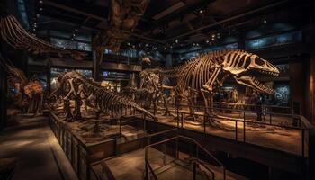 Ancient animal skeleton inside spooky old built structure, archaeology education generated by AI photo