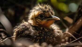 pequeño amarillo cría en rama, mullido y linda recién nacido pájaro generado por ai foto