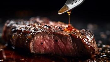 Juicy sirloin steak grilled to perfection on rustic wood barbecue generated by AI photo