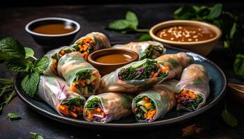 Freshly cooked meat rolled up in a rustic spring roll generated by AI photo