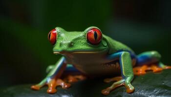 Red eyed tree frog sitting on leaf, looking with curiosity generated by AI photo