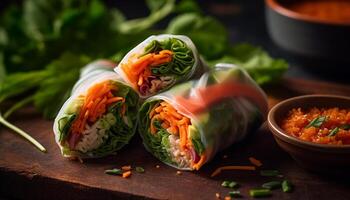 Fresh gourmet spring roll, healthy eating with organic vegetable wrap generated by AI photo