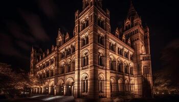 The Gothic spire illuminates the old British town hall at dusk generated by AI photo