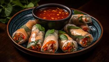 Fresh spring roll with pork and vegetables, a healthy appetizer generated by AI photo