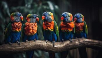 Multi colored macaw perching on branch in tropical rainforest generated by AI photo