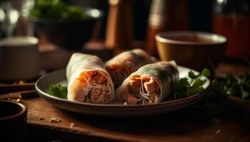 Fresh spring roll appetizer, rolled up with vegetables and meat generated by AI photo