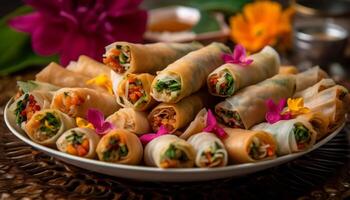 A plate of gourmet spring rolls, wrapped up and ready to eat generated by AI photo