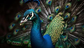 Majestic peacock displays vibrant multi colored feather pattern in nature generated by AI photo