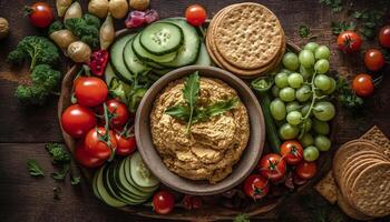 Fresco vegetariano comida en rústico madera mesa con sano ingredientes generado por ai foto