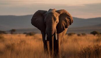 African elephant walking at sunset, tusk and trunk in view generated by AI photo