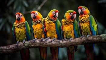 Vibrant macaws perched on branch showcase natural beauty in rainforest generated by AI photo