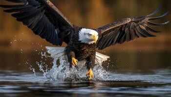calvo águila atrapando pescado en medio aire, extensión majestuoso alas generado por ai foto