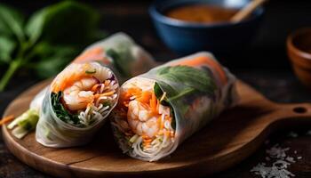 Fresh spring roll wrapped with vegetables and shrimp, a healthy appetizer generated by AI photo