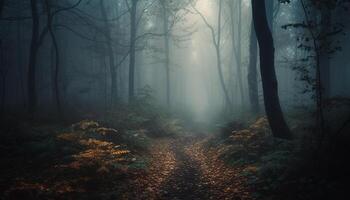escalofriante bosque misterio oscuro, húmedo, y lleno de horror generado por ai foto