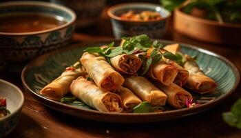 Fresh spring roll appetizer, rolled up with meat and vegetables generated by AI photo