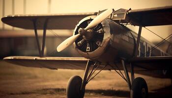 Old fashioned military airplane with propeller and steel aircraft wing flying outdoors generated by AI photo