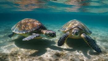 en peligro de extinción mar Tortuga nada en tranquilo azul arrecife ambiente abajo generado por ai foto