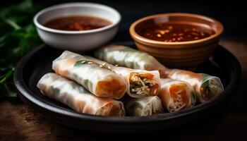 Fresh spring rolls, wrapped up with savory sauce and vegetables generated by AI photo