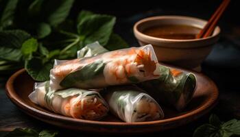 Fresh spring roll appetizer with vegetables wrapped up in rice paper generated by AI photo