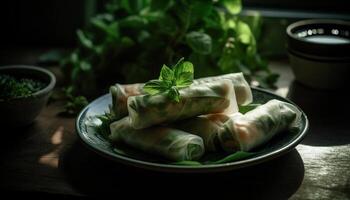 Fresco primavera rodar aperitivo, arrollado arriba con vegetales y hierbas generado por ai foto