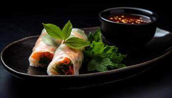 Fresh spring roll with pork and vegetables, served with sauce generated by AI photo