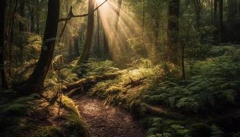 Tranquil scene of a mysterious forest with yellow leaves and fog generated by AI photo