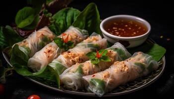 Fresh spring roll wrapped in rice paper with savory sauce generated by AI photo