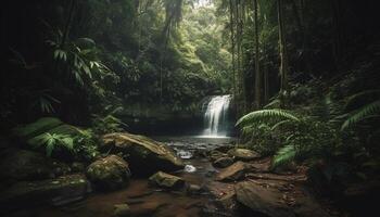 Tranquil scene of a tropical rainforest with flowing water motion generated by AI photo