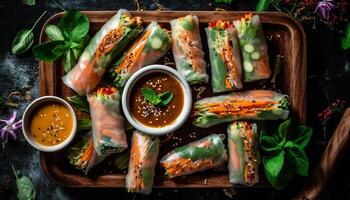 Rolled up spring roll on rustic wood table with vegetables generated by AI photo