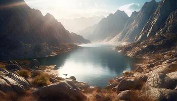 Majestic mountain range reflects tranquil sunrise over flowing water generated by AI photo