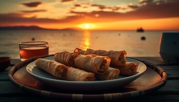 gastrónomo comida en de madera mesa, Fresco mariscos, puesta de sol fondo generado por ai foto