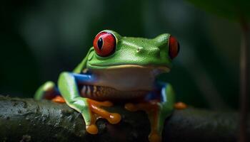 Red eyed tree frog sitting on wet leaf in tropical rainforest generated by AI photo