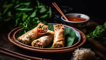 Fresh spring roll appetizer with pork, vegetables, and cilantro sauce generated by AI photo