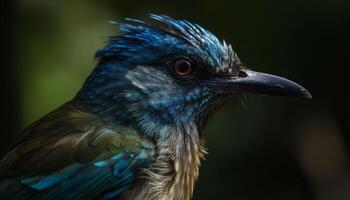 Iridescent starling perching on branch, beauty in nature colors generated by AI photo