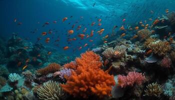 Multi colored fish swim in a vibrant underwater reef landscape generated by AI photo