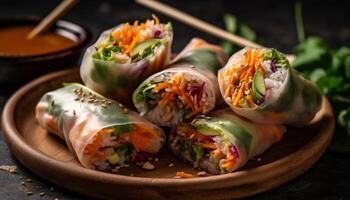 Fresh spring roll with vegetables, meat, and homemade sauce generated by AI photo