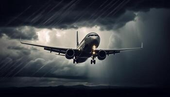 comercial avión tomando apagado dentro dramático cielo, transportar pasajeros en viaje generado por ai foto