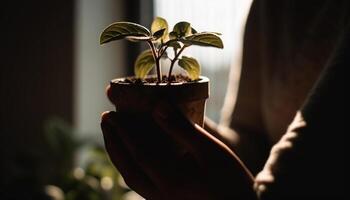 One hand holding small seedling, new life in flower pot generated by AI photo